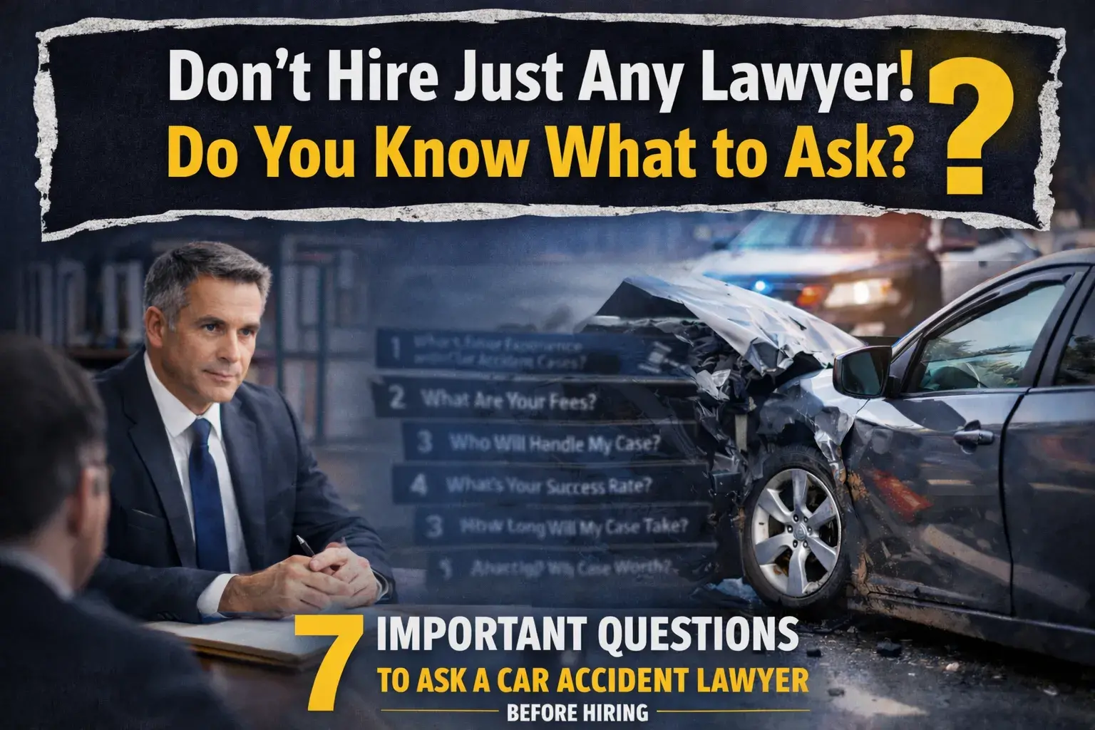 7 Critical Questions to Ask a Car Accident Lawyer Before Hiring Blog Featured Image