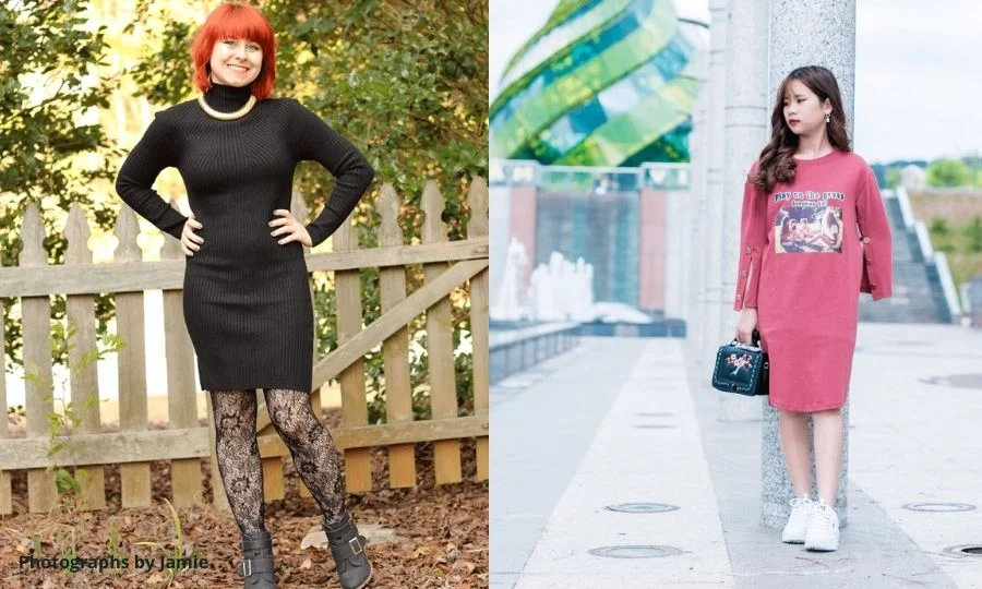 left side woman wearing bodycon dress and right side woman wearing pink t-shirt