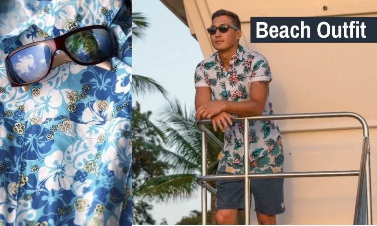 A man standing in a house near beach with beach outfit