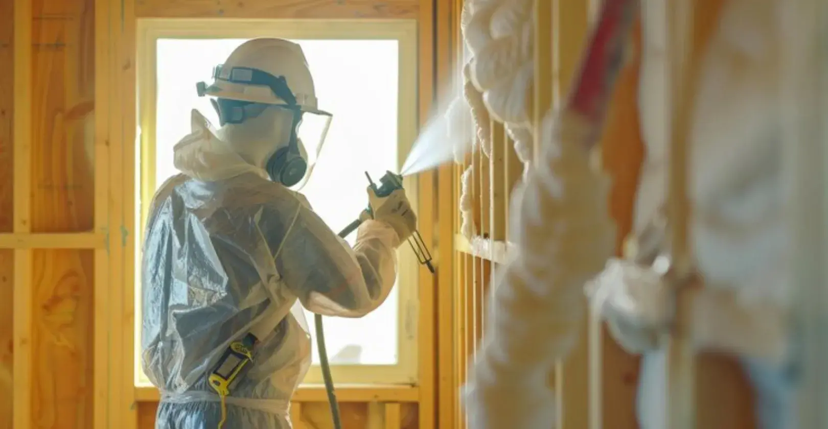 construction worker applying spray foam insulation